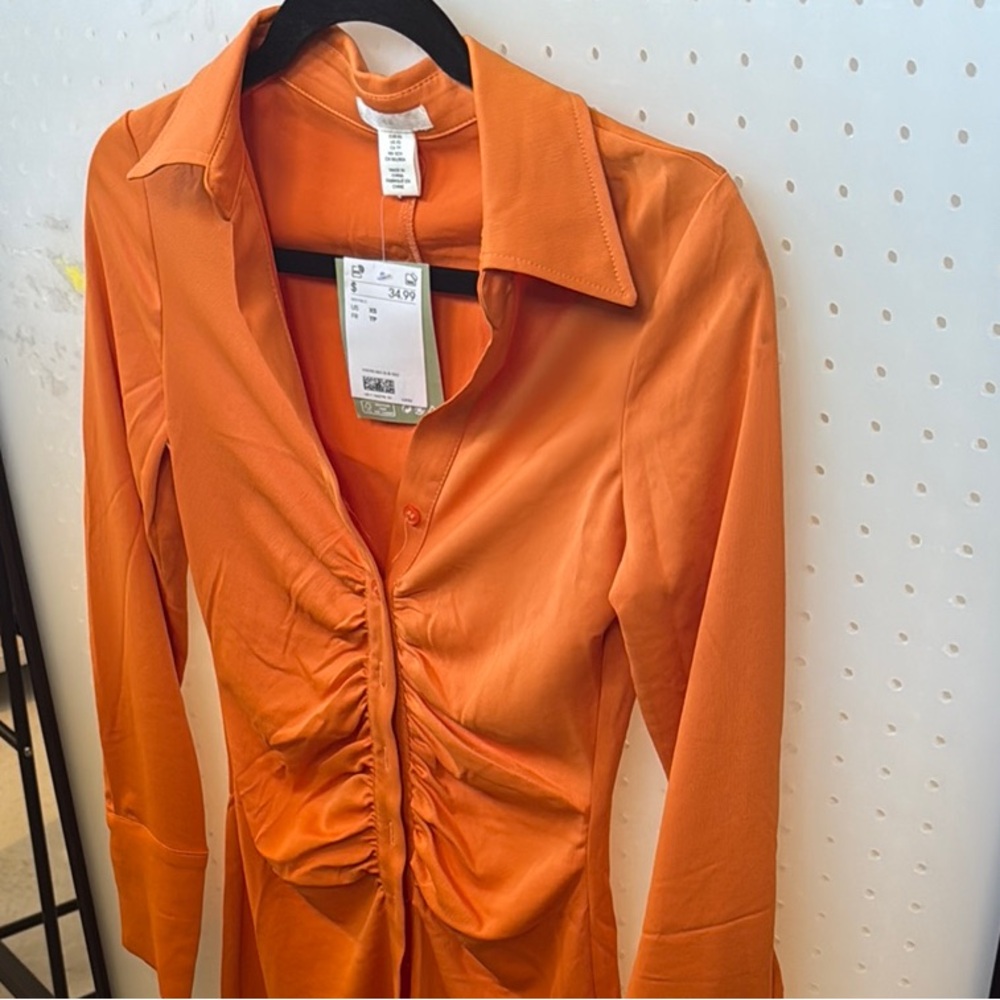 H&M Orange Ruched Long Sleeve Dress with Notched Collar